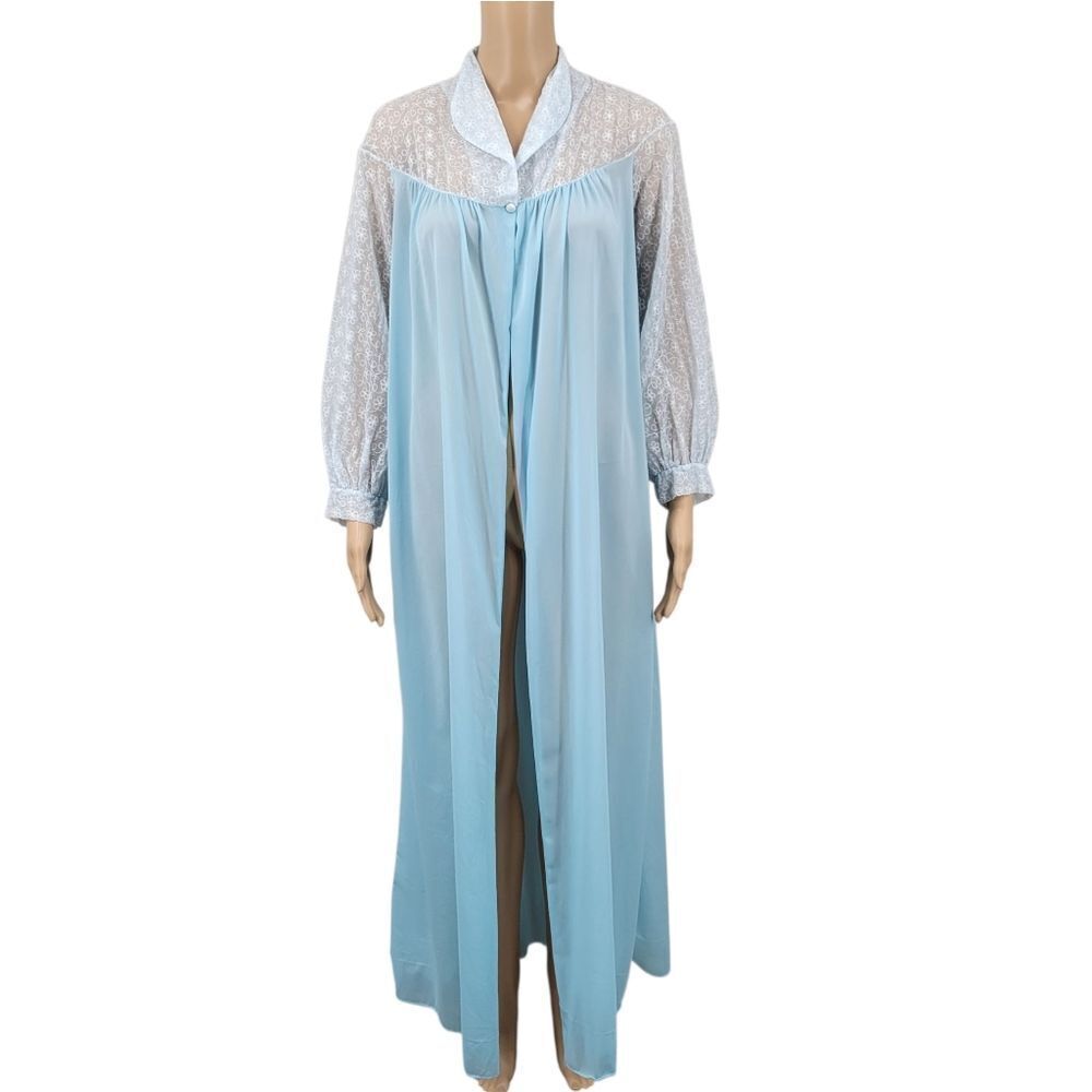Tula Vintage 60s Light Blue Floral Embroidered Mesh Illusion Peignor Robe